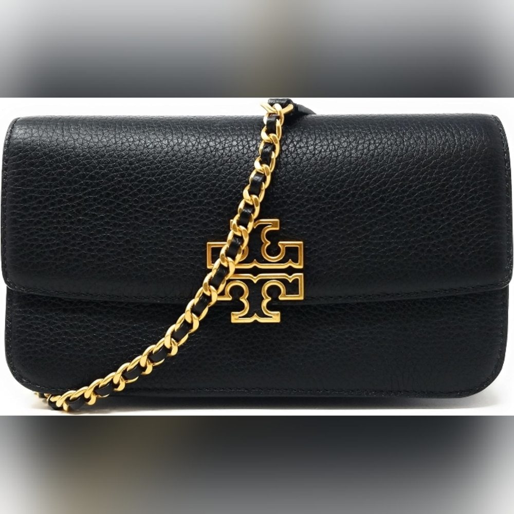 Tory Burch Britten Chain Wallet with Wristlet Pebbled Leather, Black GUC